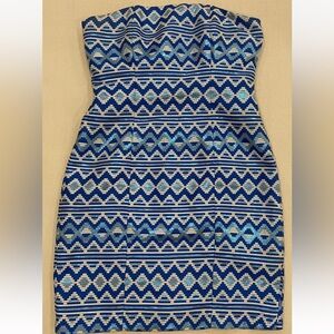 Belle Badgley Mischka Women’s Brocade Dress Strapless Blue And Metallic Size 10